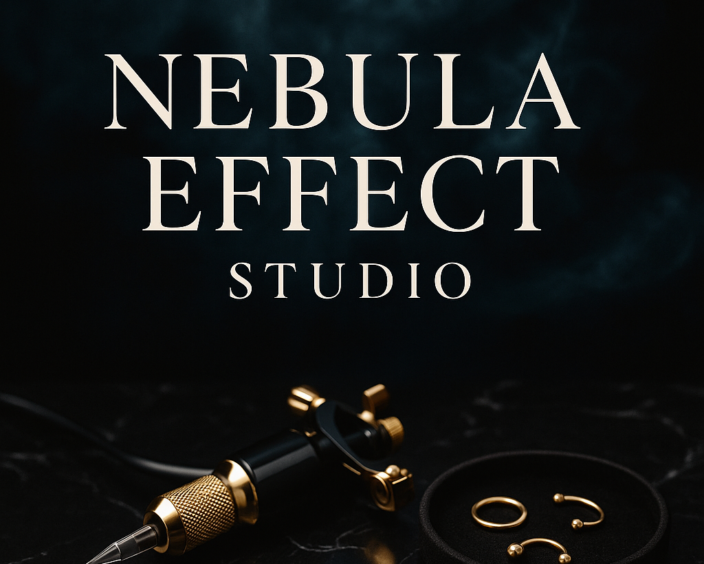 Tattoo machine and ink on a dark surface with 'Nebula Effect Studio' text.